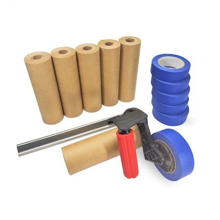 Idl Packaging Set of Hand-Masker Device, 9in x 60 yd Masking Paper and, 1.5in x 60 yd Painters Tape, 6PK TH-120-9-6-B